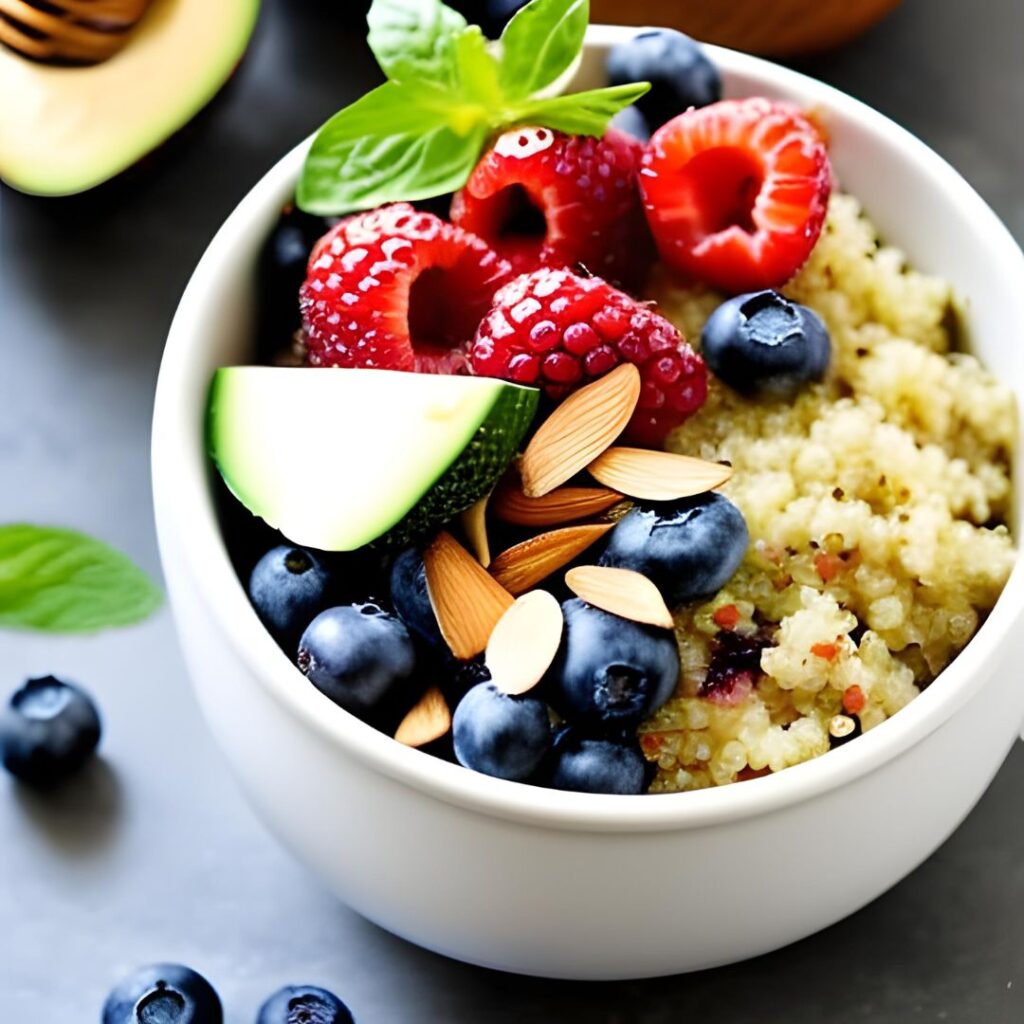Quinoa Breakfast Bowl with mixed berries, sliced almonds, and a drizzle of honey. 