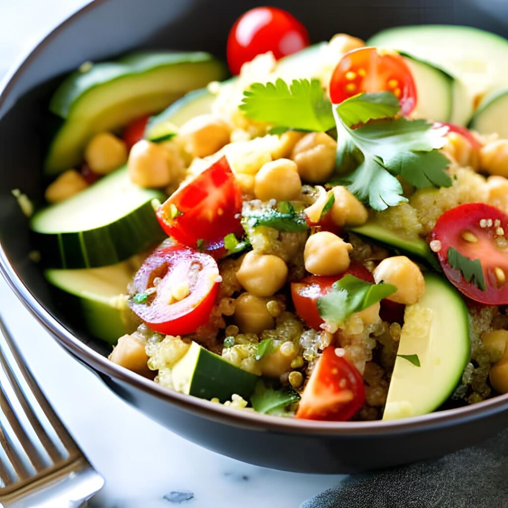 Quinoa and Chickpea Salad with cucumber, tomatoes, and a lemon-herb dressing. 