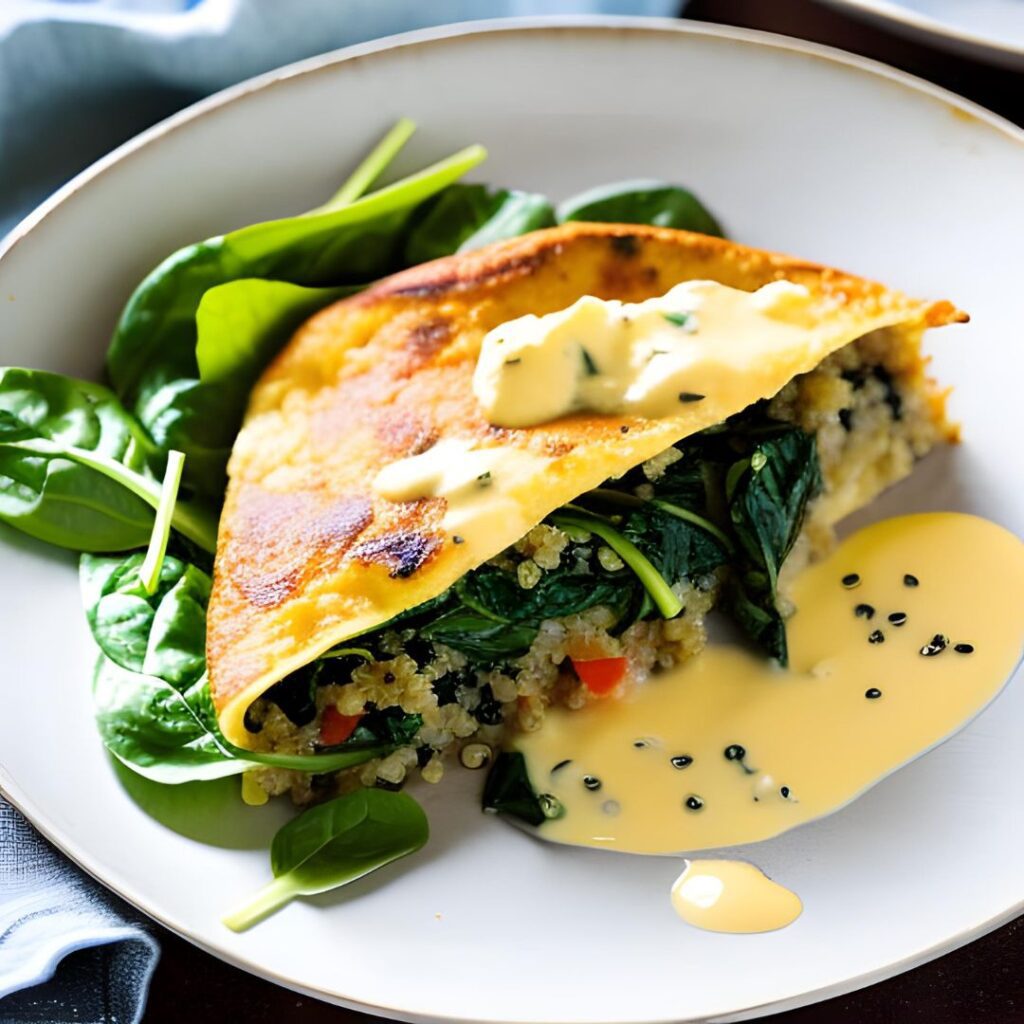 Quinoa and Vegetable Omelette with sautéed mushrooms, spinach, and cheese. 