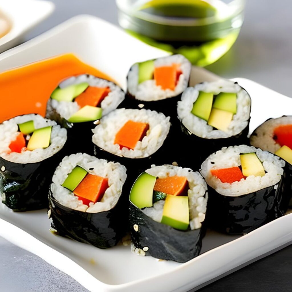 Quinoa and Vegetable Sushi Rolls with a soy dipping sauce. 