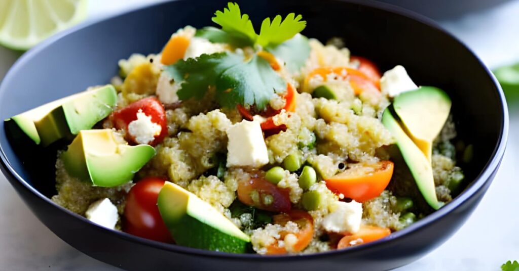 a bowl of Quinoa Salad with Feta and Avocado