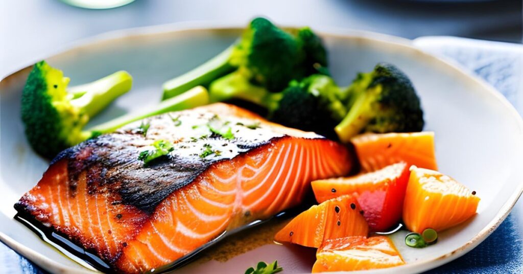 Salmon with Sweet Potato and Steamed Broccoli
