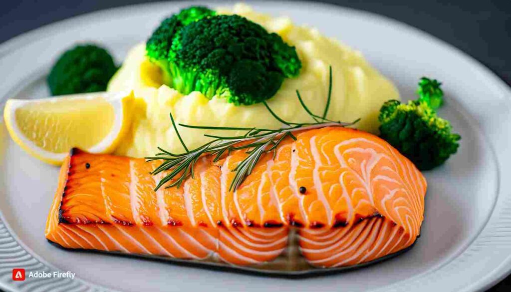 Baked Salmon with Sweet Potato Mash and Steamed Broccoli