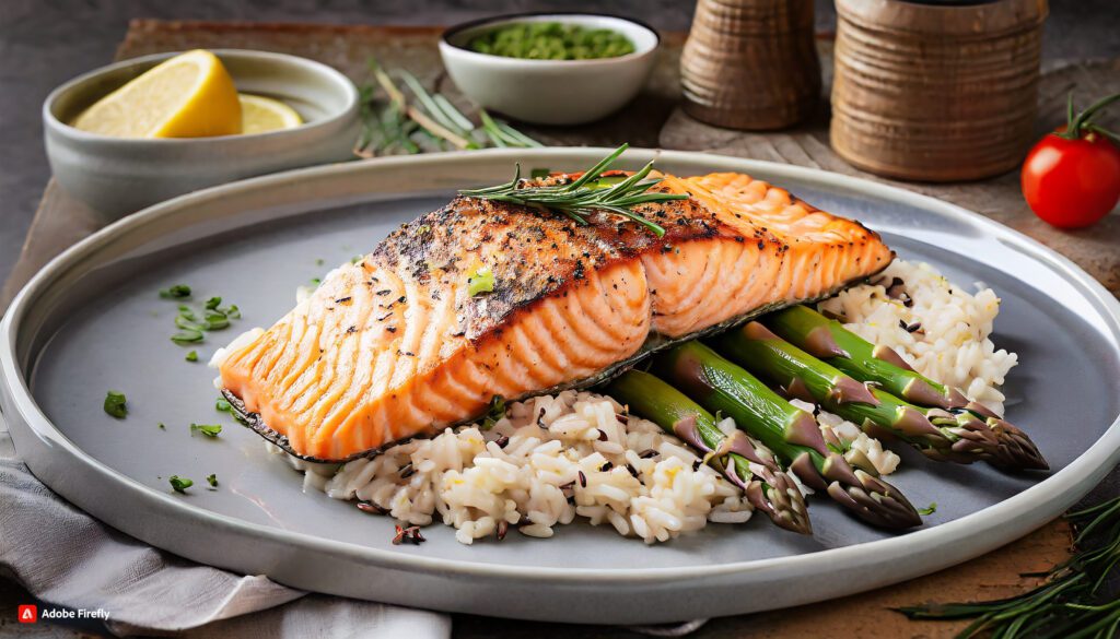 Baked Salmon with Asparagus and Brown Rice
