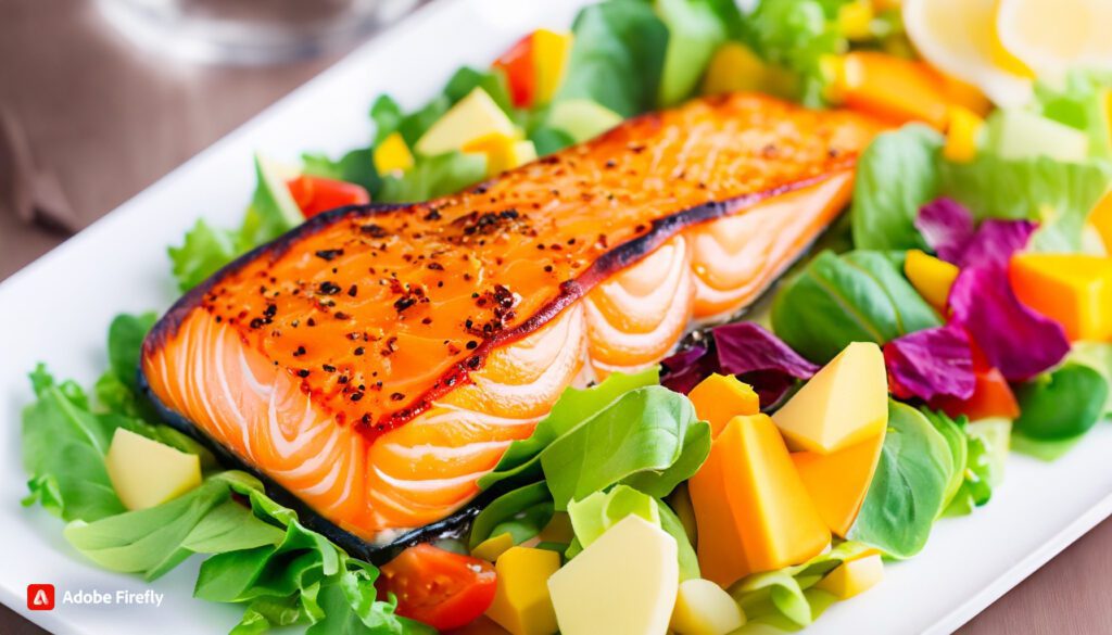 Baked Salmon with Colorful Salad and Sweet Potato