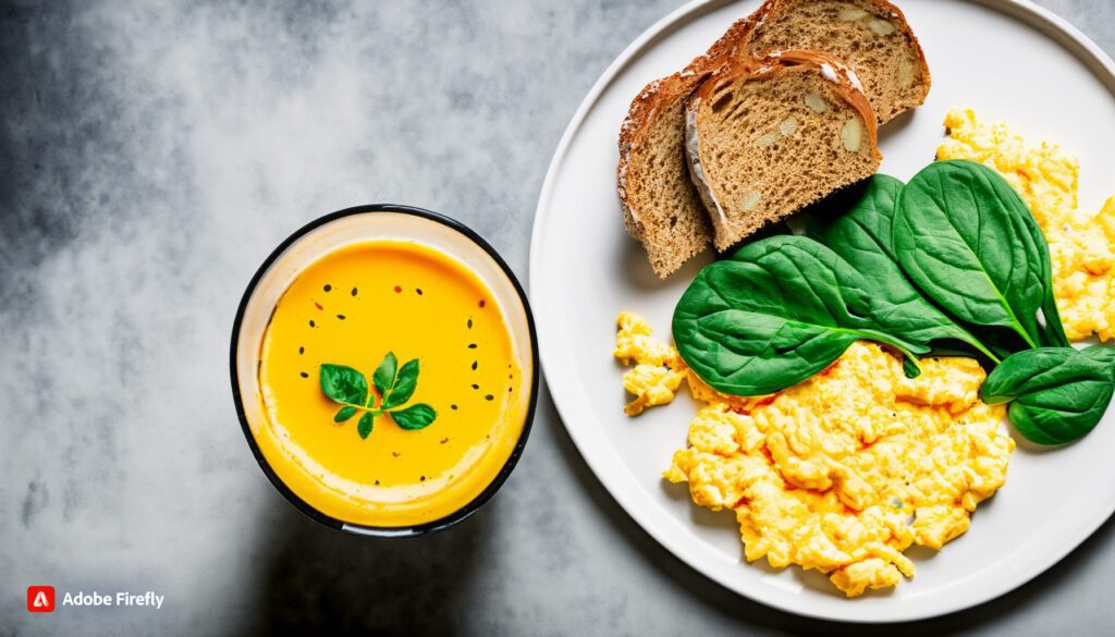 Scrambled Eggs with Spinach and Whole-Grain Toast, Paired with a Protein Smoothie