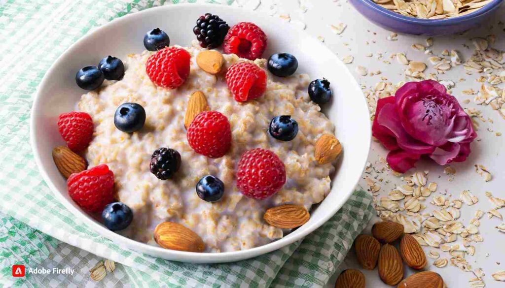 a bowl of oatmeal with berries and nuts