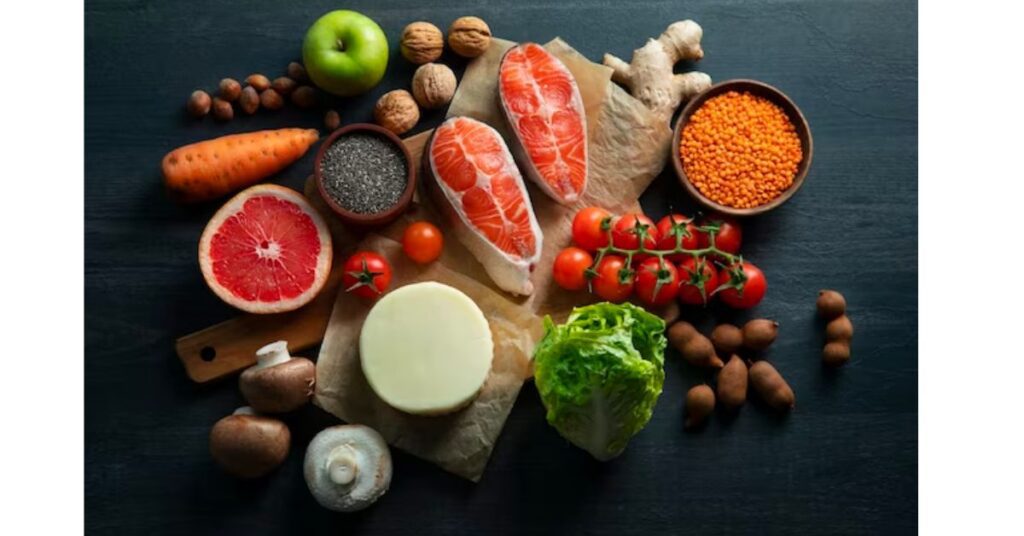 A close-up shot of various protein sources like fish, eggs, and legumes.
